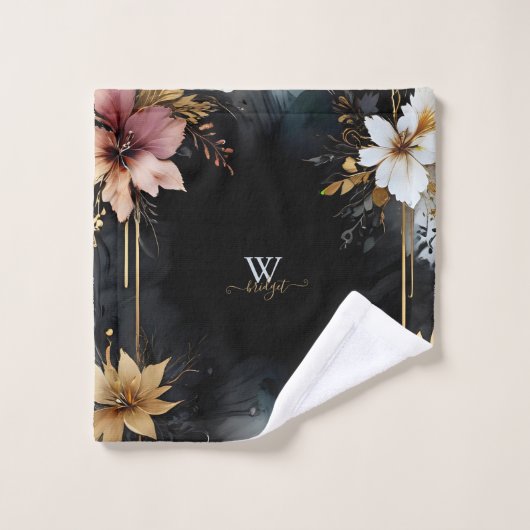 Zwart & Goud Luxe Bloemen Marmeren Swirl Bad Handdoek (Wasdoekje)