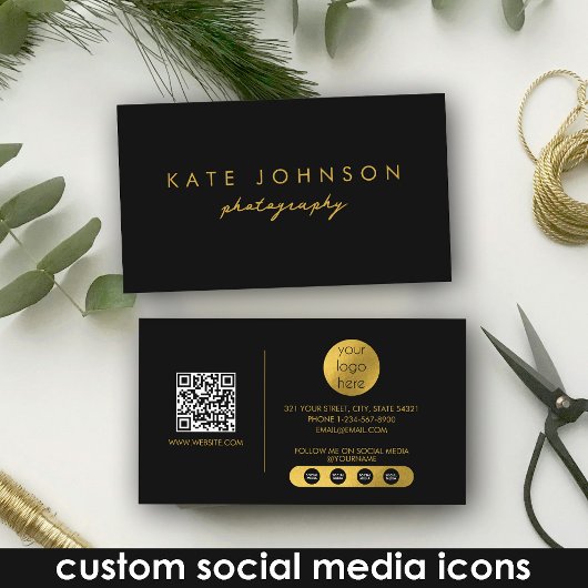 Zwart Goud Luxe Script QR Code Social Media Visitekaartje