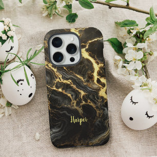 Zwart Goud Marmer Gepersonaliseerde iPhone Case 15 Pro Hoesje