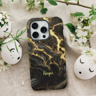 Zwart Goud Marmer Gepersonaliseerde iPhone Case 15 Pro Hoesje