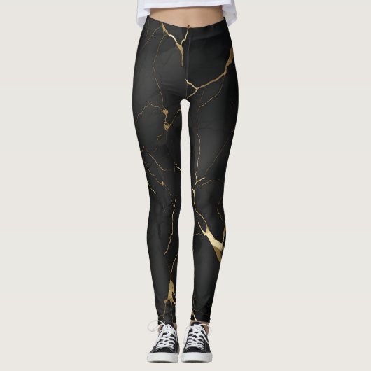 Zwart Goud Marmeren Swirl Patroon Leggings (Voorkant)