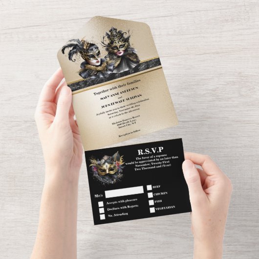 Zwart goud maskerade gezichtsmasker bruiloft elega all in one uitnodiging (Afscheurbaar)
