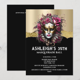 Zwart goud maskerade roze rose masker elegante mei kaart