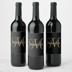 Zwart Goud Metallic Krullend Signature M Monogram Wijn Etiket