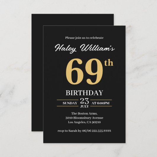 Zwart Goud Minimalist Modern Simple 69th Birthday Kaart (Voorkant / Achterkant)
