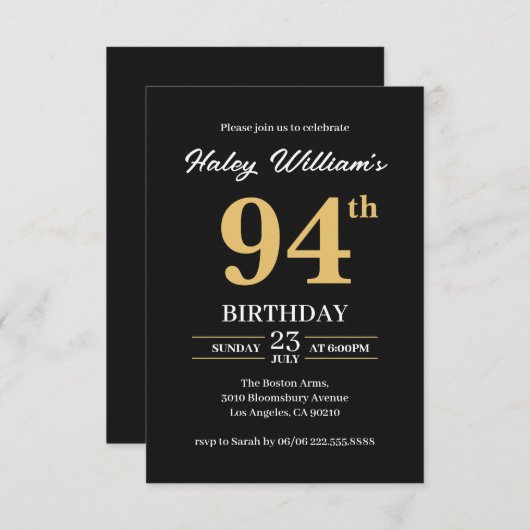Zwart Goud Minimalist Modern Simple 94th Birthday Kaart (Voorkant / Achterkant)