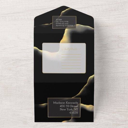 Zwart & Goud 💍 Modern Abstract Inktachtige Olie All In One Uitnodiging (Buitenkant)