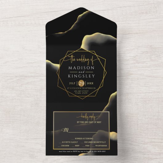 Zwart & Goud 💍 Modern Abstract Inktachtige Olie All In One Uitnodiging (Binnen)