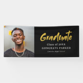 Zwart & Goud Modern Brush Script Foto Afstuderen Spandoek (Horizontaal)