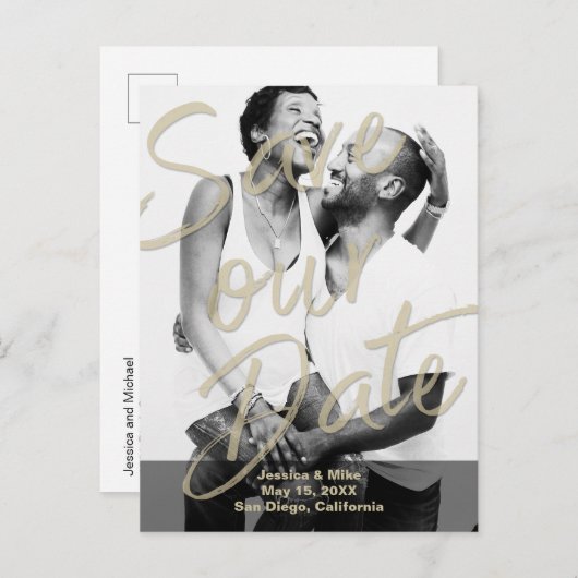 Zwart Goud Modern Fotoscript Save Our Date Aankondigingskaart (Voorkant / Achterkant)