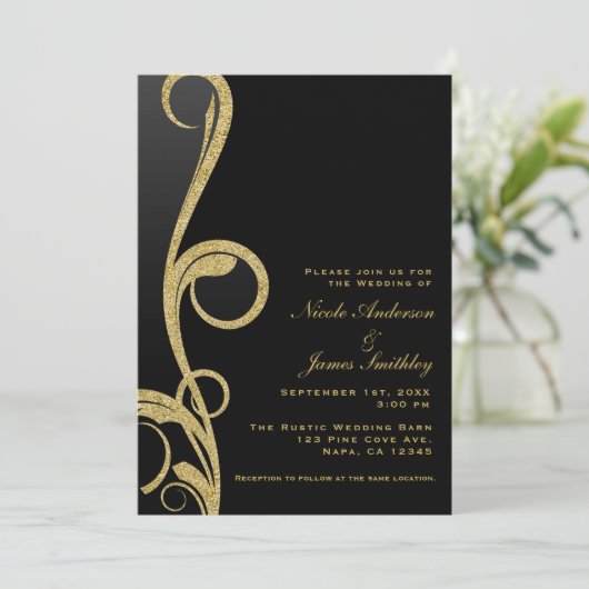 Zwart & Goud Modern Glam Elegante Spiraal Bruiloft Kaart (Staand voorkant)