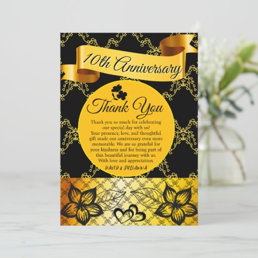Zwart & Goud Modern Kant Hart Trouwdag Jubileum Bedankkaart (Staand voorkant)