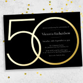 Zwart Goud Modern Minimalist 50e Verjaardag Folie Uitnodiging