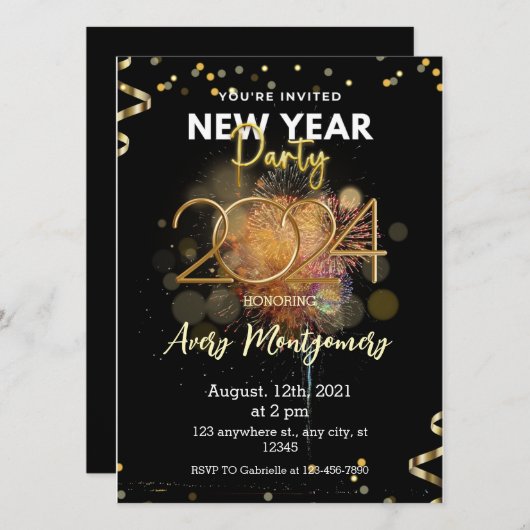 Zwart Goud Modern Nieuwjaar Party uitnodiging (Voorkant / Achterkant)