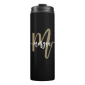 Zwart Goud Modern Script Monogram Naam Thermosbeker (Voorkant)