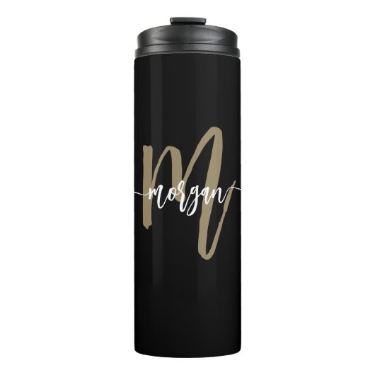Zwart Goud Modern Script Monogram Naam Thermosbeker (Voorkant)