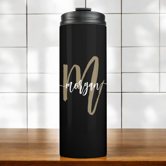Zwart Goud Modern Script Monogram Naam Thermosbeker