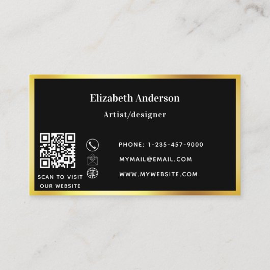 Zwart goud moderne elegant QR-code Visitekaartje (Achterkant)