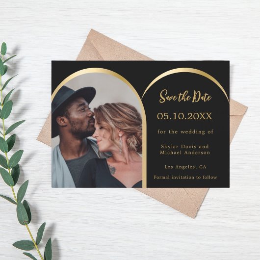 Zwart goud moderne foto boog bruiloft save the date