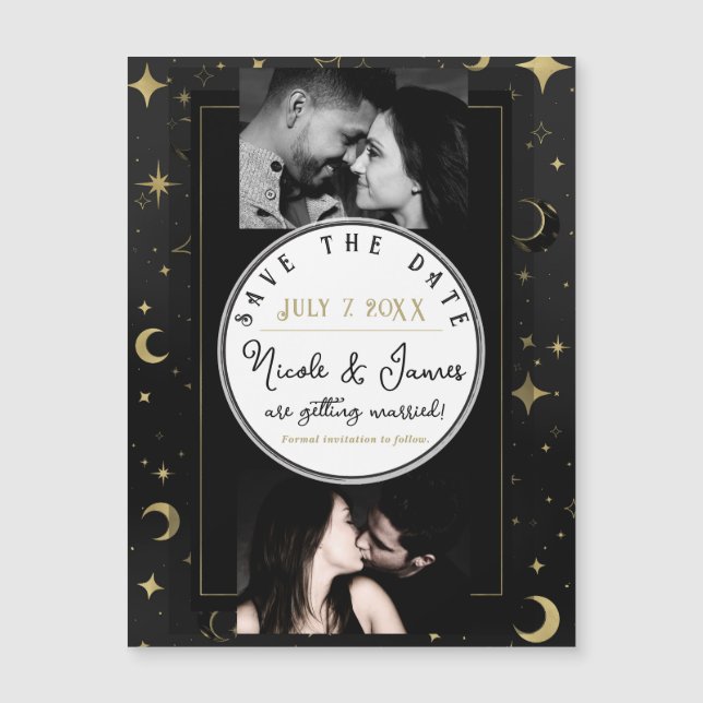 Zwart & Goud Moderne Hemelse Maan Bewaar de Datum (Voorkant)