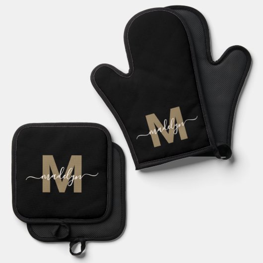 Zwart Goud Moderne naam Monogram Ovenwant & Pannenlap Set (Voorkant / Achterkant)