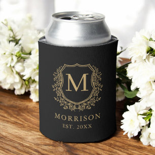 Zwart Goud Monogram Crest Botanische Huwelijk Blikjeskoeler