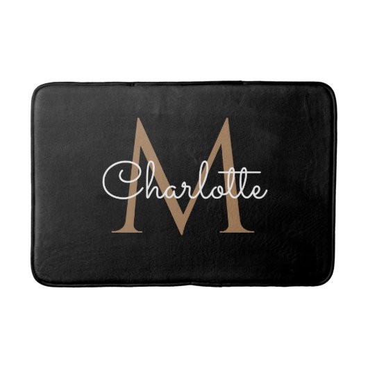 Zwart Goud Monogram Elegant Girly Script Badmat (Voorkant)