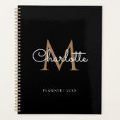 Zwart Goud Monogram Elegante Meisjesachtige Script Planner (Voorkant)