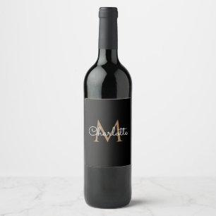 Zwart Goud Monogram Elegante Meisjesachtige Script Wijn Etiket