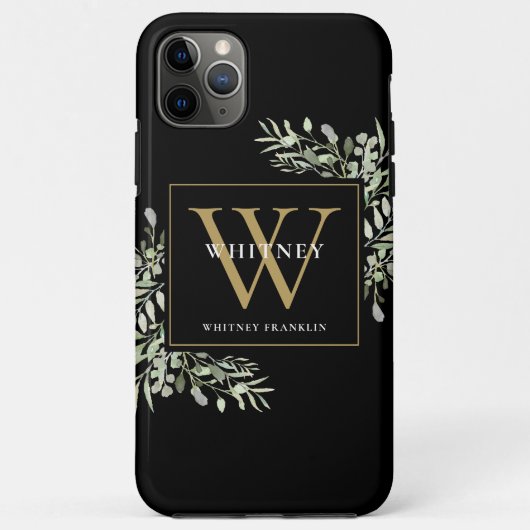 Zwart Goud Monogram Elegante Moderne Groenelemente Case-Mate iPhone Case (Achterkant)