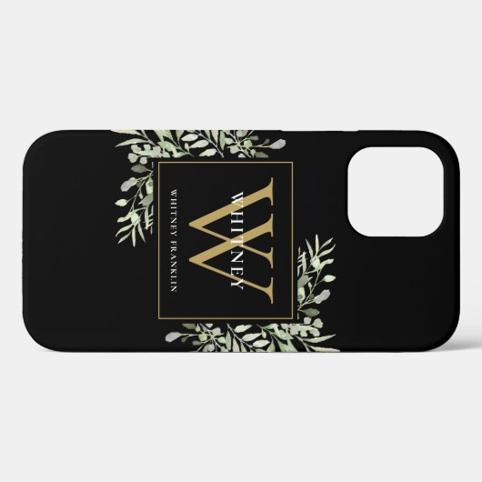 Zwart Goud Monogram Elegante Moderne Groenelemente Case-Mate iPhone Case (Achterkant (horizontaal))