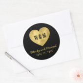 Zwart & Goud Monogram Hart Bruiloft Save the Date Ronde Sticker (Envelop)
