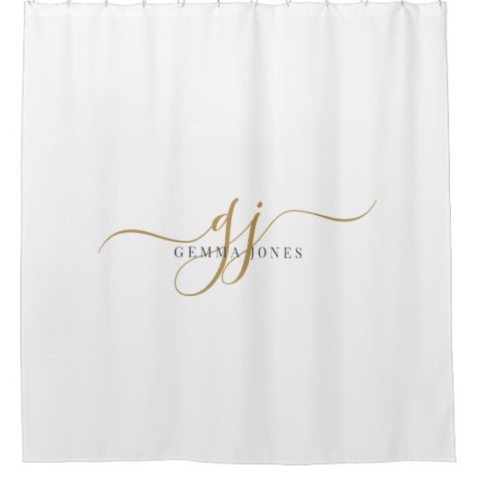 Zwart Goud Monogram Initiaal Script Naam Douchegordijn (Voorkant)