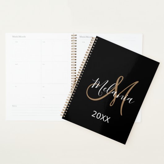 Zwart Goud Monogram initialen naam modern 2024 Planner (Display)