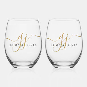 Zwart Goud Monogram Script Naam Wijnglas Zonder Voet
