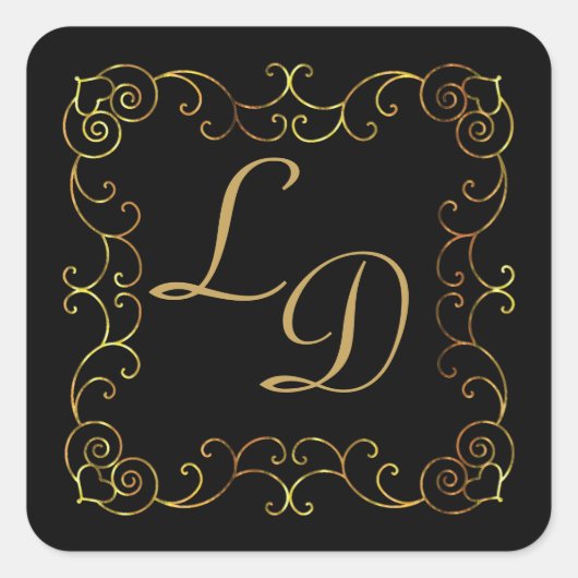 Zwart & Goud Monogram Sticker Bruiloft Stickers (Voorkant)