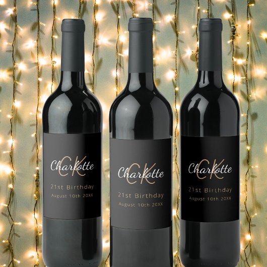Zwart goud monogram verjaardagsfeestje wijn etiket