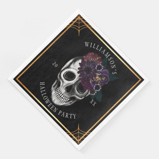 Zwart & Goud Moody Bloemen Halloween Skull Party Servet (Hoek)