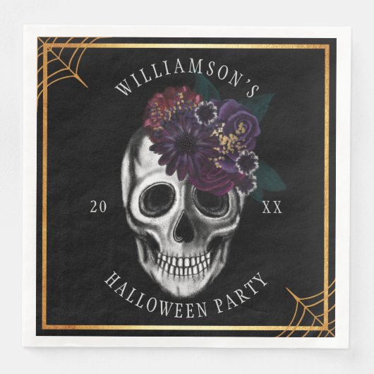 Zwart & Goud Moody Bloemen Halloween Skull Party Servet (Voorkant)
