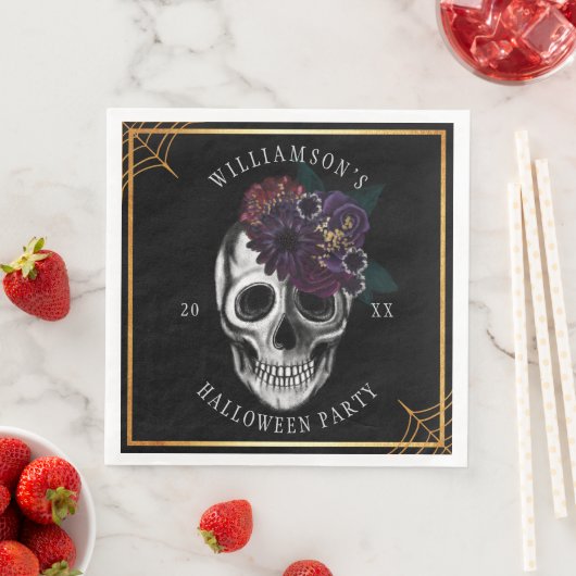Zwart & Goud Moody Bloemen Halloween Skull Party Servet (Insitu)