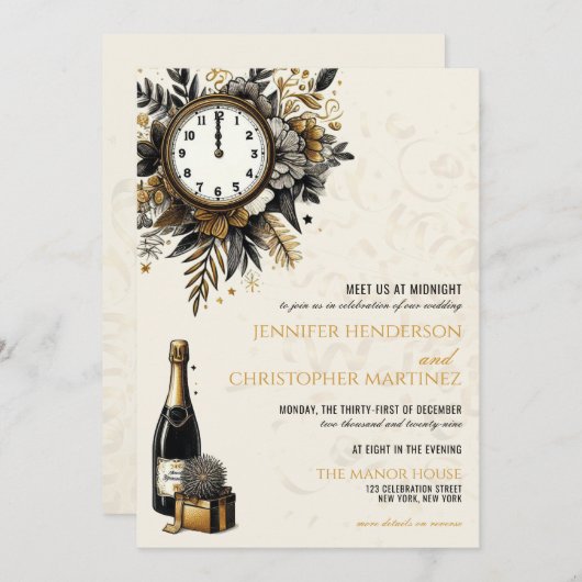 Zwart & Goud New Years Eve QR bruiloft uitnodiging (Voorkant / Achterkant)