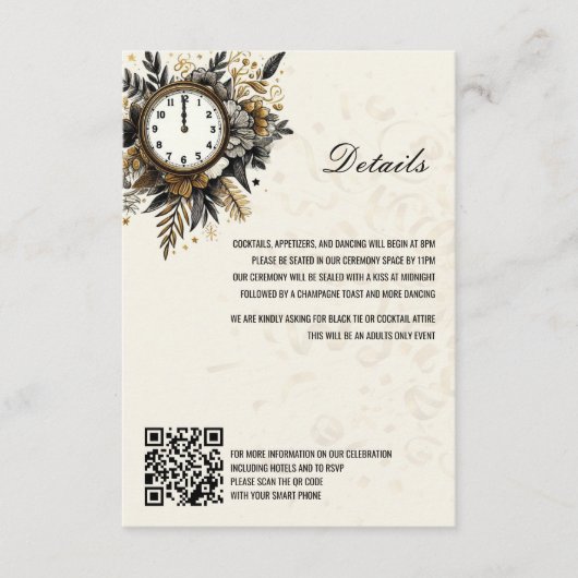 Zwart & Goud New Years Eve QR Details Informatiekaartje (Voorkant)