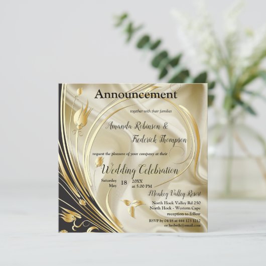 Zwart & Goud op Champagne Zijde Bruiloft Aankondiging (Staand voorkant)