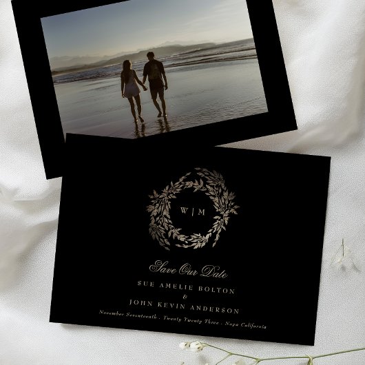 Zwart Goud op Ebony Botanische Monogram Bruiloft Save The Date