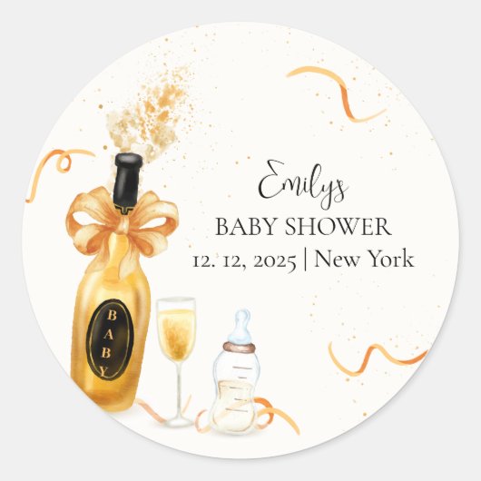 Zwart Goud Poppin Flessen Champagne Baby shower Ronde Sticker (Voorkant)