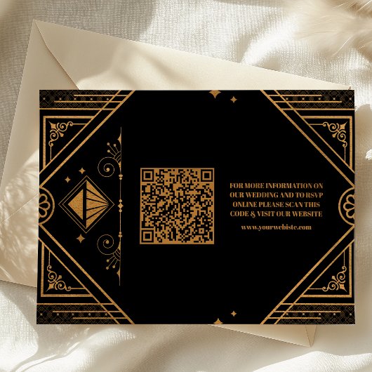 Zwart Goud QR Code Geometrische Art Deco Wedding Informatiekaartje