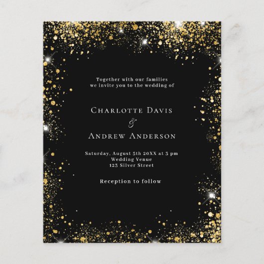 Zwart goud QR code RSVP budget bruiloft uitnodigin (Voorkant)