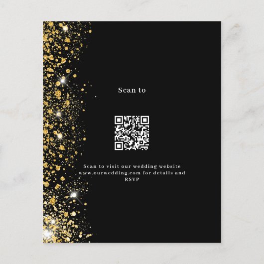 Zwart goud QR code RSVP budget bruiloft uitnodigin (Achterkant)
