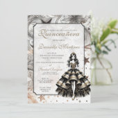 Zwart & Goud Quinceañera Meisje Kaart (Staand voorkant)