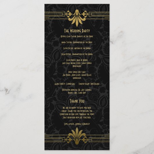 Zwart Goud Roaring 20s Art Deco Trouwprogramma Programma (Achterkant)